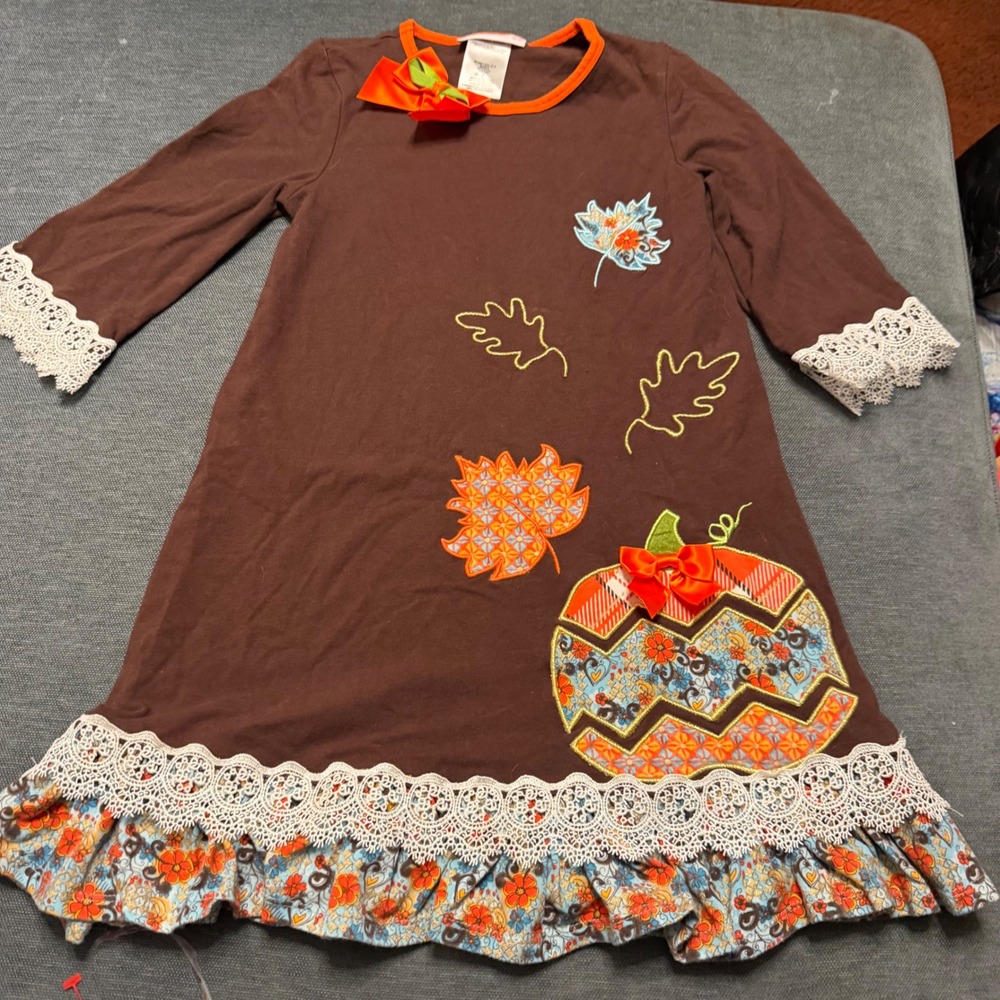 Bonnie Jean Girls Brown Pumpkin Fall Thanksgiving Dress‎ Lace Trim Size 7